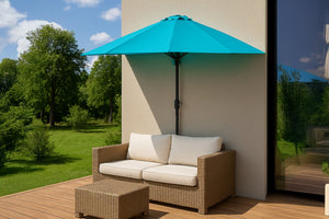 Parasol de media luna para balcón 270 cm azul en aluminio Catane foto de ambiente