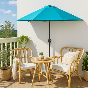 Parasol de media luna para balcón 270 cm azul en aluminio Catane en situación en terraza
