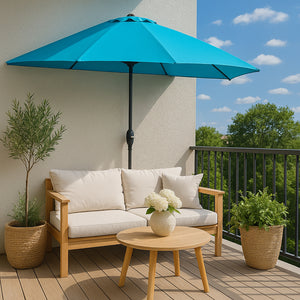 Parasol de media luna para balcón 270 cm azul en aluminio Catane en situación en balcón