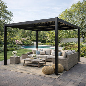 Pérgola bioclimática de 3x3 m con estructura de aluminio y lamas orientables negro CORFU