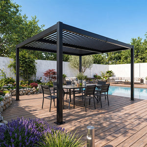Pérgola bioclimática de 4x3 m con estructura de aluminio y lamas orientables negro CORFU