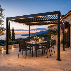Pérgola bioclimática con LED de 3x3 m con estructura de aluminio y lamas orientables CORFU