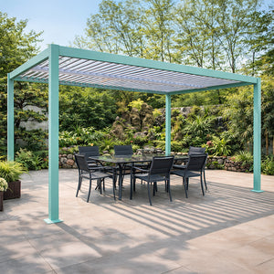 Pérgola bioclimática de 4x3 m con estructura y lamas orientables de aluminio verde RHODES