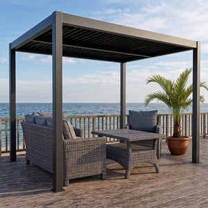 Pérgola bioclimática de 3x3 m con estructura y lamas orientables de aluminio negro RHODES