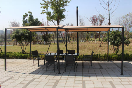 Pérgola retráctil extensible y carport de 9 m² hasta 16 m² en gris y beige, ambiente