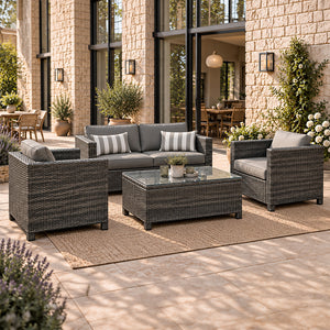 Conjunto de jardín de 4 plazas de ratán sintético con mesa de centro marrón y gris oscuro AVEA