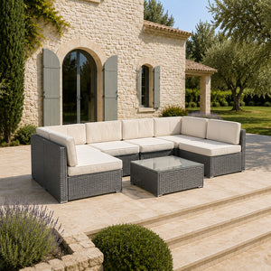 Conjunto de jardín modular de 6 plazas de ratán sintético gris y beige QAMEA