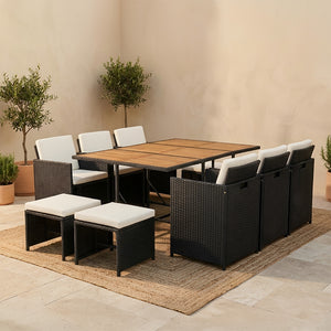 Conjunto de jardín encastrable de 10 plazas en madera de acacia y ratán sintético negro + funda TOLEDO