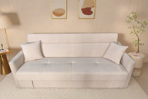 Sofá cama con arcón de terciopelo canalé beige 3 plazas Adare foto de ambiente