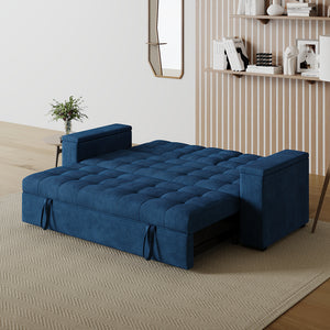 Sofá cama 3 plazas con mesa central y reposabrazos extraíbles azul terciopelo de pana Noho configuración sofá-cama