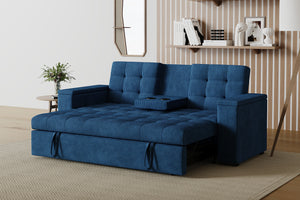 Sofá cama 3 plazas con mesa central y reposabrazos extraíbles azul terciopelo de pana Noho foto de ambiente