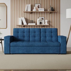 Sofá cama 3 plazas con mesa central y reposabrazos extraíbles azul terciopelo de pana Noho vista frontal