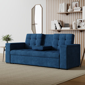 Sofá cama 3 plazas con mesa central y reposabrazos extraíbles azul terciopelo de pana Noho con mesa abatible