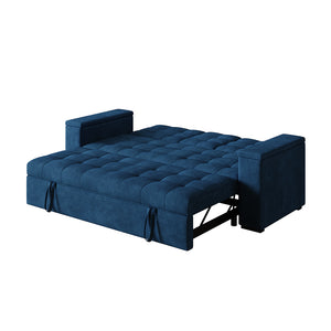 Sofá cama 3 plazas con mesa central y reposabrazos extraíbles azul terciopelo de pana Noho packshot configuración cama