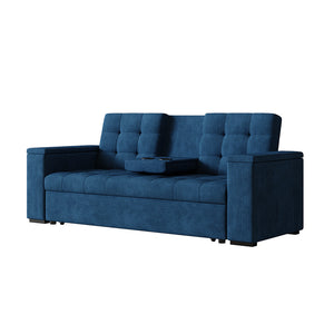 Sofá cama 3 plazas con mesa central y reposabrazos extraíbles azul terciopelo de pana Noho packshot con mesa abatible