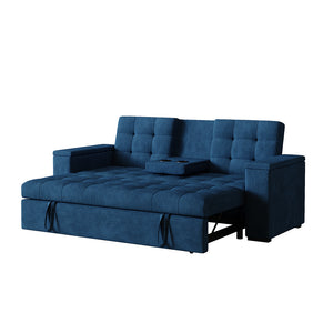 Sofá cama 3 plazas con mesa central y reposabrazos extraíbles azul terciopelo de pana Noho packshot asiento profundo