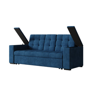 Sofá cama 3 plazas con mesa central y reposabrazos extraíbles azul terciopelo de pana Noho packshot compartimentos reposabrazos