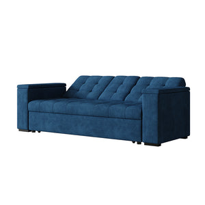 Sofá cama 3 plazas con mesa central y reposabrazos extraíbles azul terciopelo de pana Noho packshot respaldo reclinable