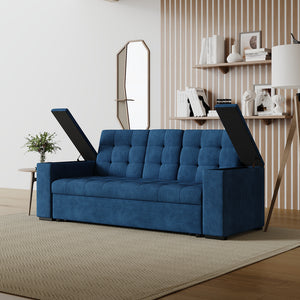 Sofá cama 3 plazas con mesa central y reposabrazos extraíbles azul terciopelo de pana Noho compartimentos reposabrazos