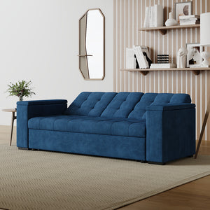 Sofá cama 3 plazas con mesa central y reposabrazos extraíbles azul terciopelo de pana Noho respaldo reclinable