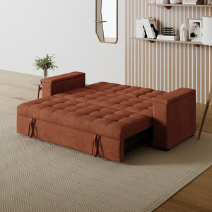 Sofá cama 3 plazas con mesa central y reposabrazos extraíbles terracota terciopelo de pana Noho configuración sofá-cama