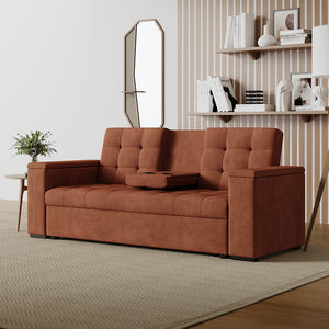 Sofá cama 3 plazas con mesa central y reposabrazos extraíbles terracota terciopelo de pana Noho con mesa abatible