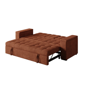 Sofá cama 3 plazas con mesa central y reposabrazos extraíbles terracota terciopelo de pana Noho packshot configuración cama