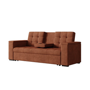 Sofá cama 3 plazas con mesa central y reposabrazos extraíbles terracota terciopelo de pana Noho packshot con mesa abatible
