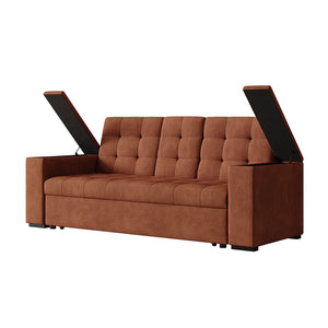 Sofá cama 3 plazas con mesa central y reposabrazos extraíbles terracota terciopelo de pana Noho packshot compartimentos reposabrazos