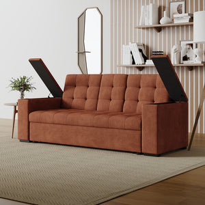 Sofá cama 3 plazas con mesa central y reposabrazos extraíbles terracota terciopelo de pana Noho compartimentos reposabrazos