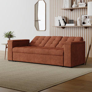Sofá cama 3 plazas con mesa central y reposabrazos extraíbles terracota terciopelo de pana Noho respaldo reclinable
