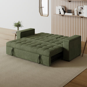Sofá cama 3 plazas con mesa central y reposabrazos extraíbles verde terciopelo de pana Noho configuración sofá-cama