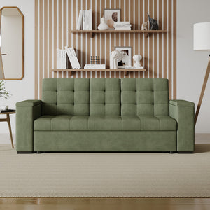 Sofá cama 3 plazas con mesa central y reposabrazos extraíbles verde terciopelo de pana Noho vista frontal