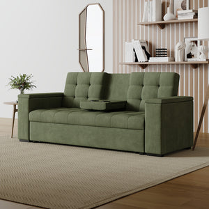 Sofá cama 3 plazas con mesa central y reposabrazos extraíbles verde terciopelo de pana Noho con mesa abatible