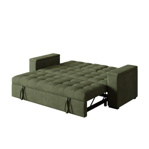 Sofá cama 3 plazas con mesa central y reposabrazos extraíbles verde terciopelo de pana Noho packshot configuración cama