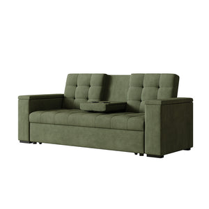 Sofá cama 3 plazas con mesa central y reposabrazos extraíbles verde terciopelo de pana Noho packshot con mesa abatible