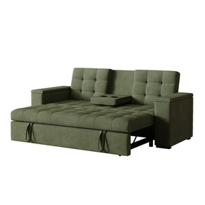 Sofá cama 3 plazas con mesa central y reposabrazos extraíbles verde terciopelo de pana Noho packshot asiento profundo