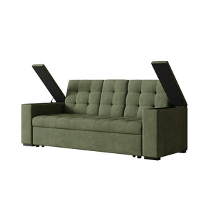 Sofá cama 3 plazas con mesa central y reposabrazos extraíbles verde terciopelo de pana Noho packshot compartimentos reposabrazos