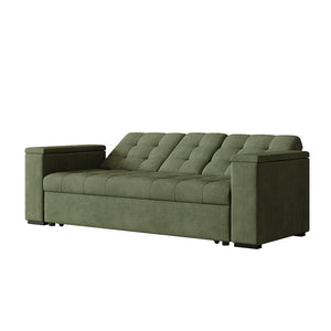 Sofá cama 3 plazas con mesa central y reposabrazos extraíbles verde terciopelo de pana Noho packshot respaldo reclinable