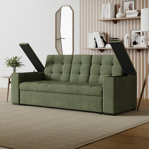 Sofá cama 3 plazas con mesa central y reposabrazos extraíbles verde terciopelo de pana Noho compartimentos reposabrazos