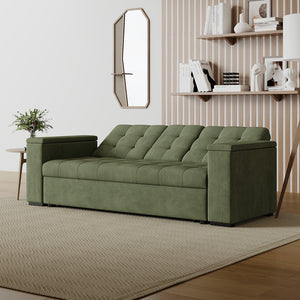 Sofá cama 3 plazas con mesa central y reposabrazos extraíbles verde terciopelo de pana Noho respaldo reclinable