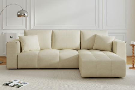 Sofá esquinero convertible de 4 plazas con arcón en terciopelo Brighton beige – vista de ambiente