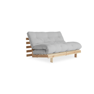 sofa futon convertible con colchon 140 cm raices gris claro madera fondo blanco 3 cuartos concept u