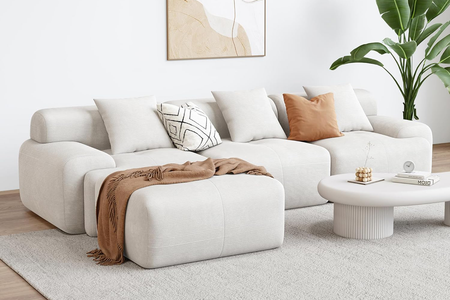 Sofá de 5-6 plazas con puff en terciopelo acanalado beige Sheffield foto vista 3/4