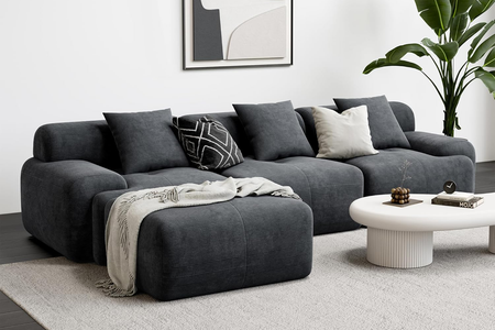 Sofá de 5-6 plazas con puff en terciopelo acanalado gris antracita Sheffield foto vista 3/4