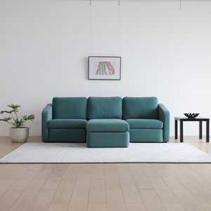 Sofá modular 3 plazas con pouf Konekt azul con chaise longue central