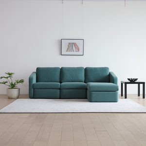 Sofá modular 3 plazas con pouf Konekt azul con chaise longue derecha