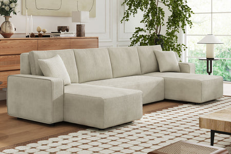 Sofá cama panorámico de 6 plazas con arcón en terciopelo acanalado Salisbury beige ambiente