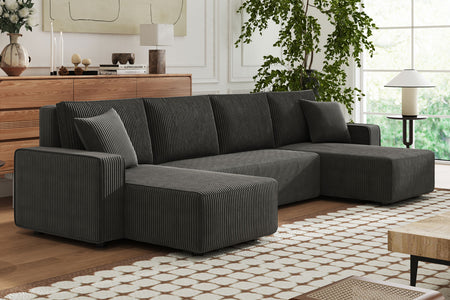 Sofá cama panorámico de 6 plazas con arcón en terciopelo acanalado Salisbury gris antracita ambiente