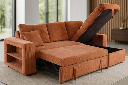Sofá rinconera convertible de 4 plazas con arcón en terciopelo acanalado terracota Glasgow foto ambientada